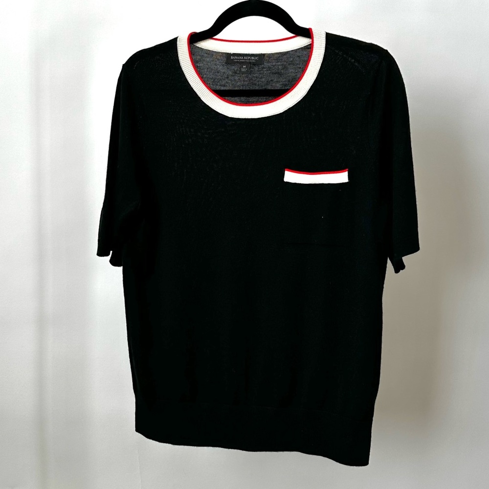 Banana Republic Black Short Sleeve Tee with White and Red Accents